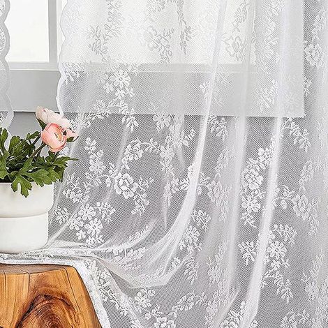 Zweiteilige, transparente Vintage-Gardinen mit Blumenmuster und Spitze – Romantische Fenstergardinen mit Stangentasche – Weiß (140 x 200 cm) (1/5)