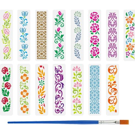 15 Pièces Pochoirs de Peinture de Bordure de Plantes avec Pinceau 7,5x30cm Gabarit Motifs Géométriques Réutilisable Pochoir Vignes Fleurs Feuilles Rose Gabarit Thème Quotidien pour Bois (1/5)