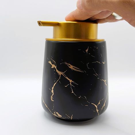 Distributeur céramique élégant 400 ml motif marbre noir, pompe plastique, rechargeable, pour salle de bain ou cuisine (1/5)