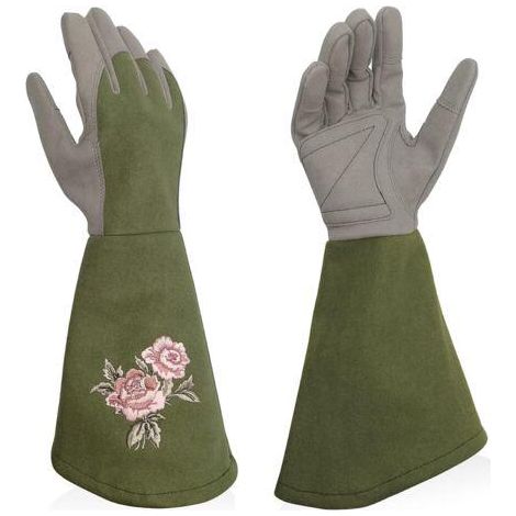 Gants de jardin pour femme, gants d'arbustes en cuir synthétique avec protection complète contre les épines, longs gants de travail avec résistance aux perforations pour travaux de jardinage,L (1/5)