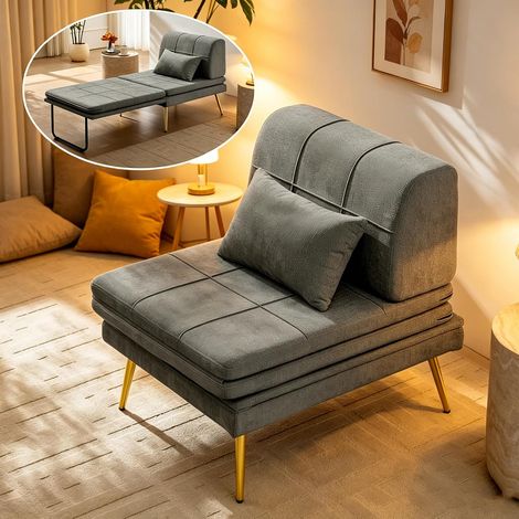 Klappsessel 3-in-1 Wumagin, 1-Sitzer, Naturleinenstoff, 84 x 82 x 69 cm, mit Kissen, für Wohnzimmer oder Schlafzimmer, Grau (1/5)