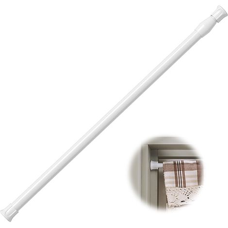 Tringle à rideaux télescopique blanche non perforée pour meuble de rangement de cuisine et de salle de bain, avec support à crochets et clips. (1/5)