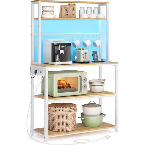 VASAGLE Scaffale da Cucina con LED, Scaffale per Microonde con Multipresa, Ripiani Regolabili, 8 Ganci, 40 x 80 x 168,4 cm, Rovere Dorato e Bianco Opaco KKS050YA01 (1/5)