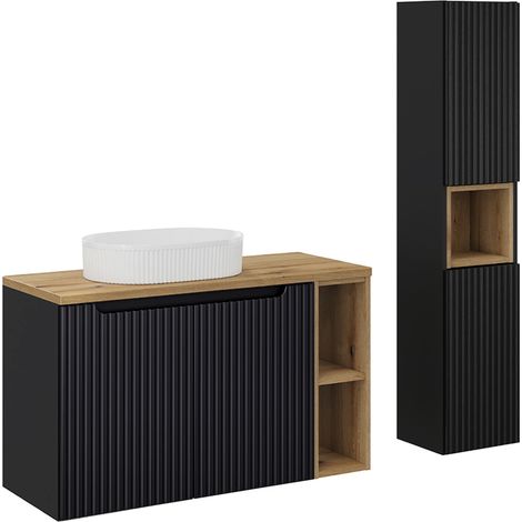 Waschtisch und Hängesäule 100.4cm Riva, Schwarz und Holzoptik