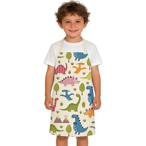 Grembiule per bambini con motivo di dinosauri in stile cartone animato, ideale per dipingere e cucinare in cucina. Consigliato per bambini e bambine. (1/5)