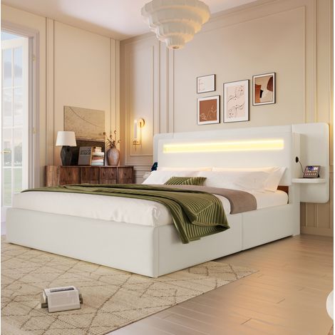 Cama doble 140x200 cm de Melaminado y lino beige con almacenaje, para dormitorio, sin colchón FloraGrace (1/5)