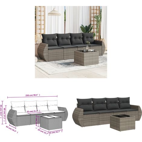5-tlg. Garten-Sofagarnitur mit Kissen Grau Poly Rattan - Gartenmöbel Set - PE-Rattan Möbel - Outdoor Sofa - Esstisch - Lounge Set - Home & Living (1/3)
