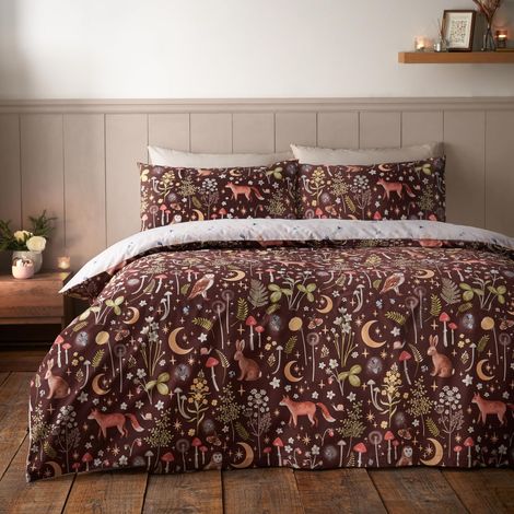 Parure de lit Simple réversible avec Housse de Couette et taie d'oreiller Motif Animaux du crépuscule enchanté Chocolat (1/4)
