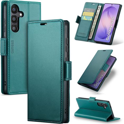 Custodia per Samsung Galaxy S26, cover a portafoglio lucida effetto litchi, verde (1/5)
