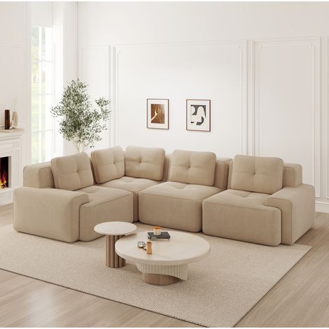 REDOM - Canapé d'angle modulaire 382x104x69 cm, sans montage, base antidérapante, larges accoudoirs, velours côtelé beige (1/5)