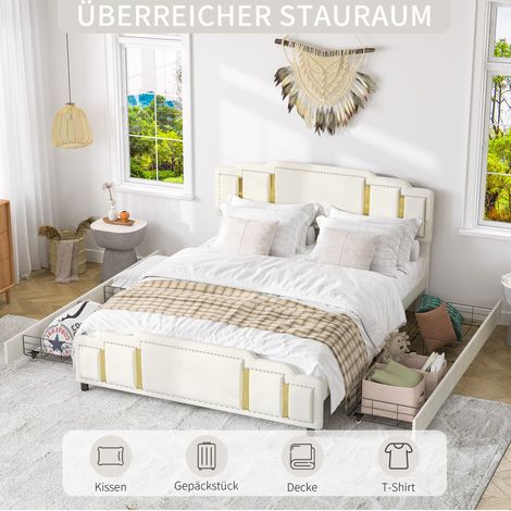 Cama con cajones 160x200 cm, iluminación LED de 7 colores, paneles decorativos, acero inoxidable, terciopelo beige (1/5)