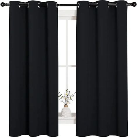 Solid black curtains, heat-insulating and light-blocking (2 pieces, 107 cm wide x 160 cm long, black)