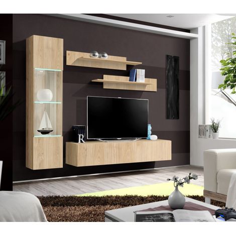 Ensemble meuble TV mural Fly G3 avec vitrine et éclairage LED - Bois MDF chêne Hickory Jackson - 200 x 170 x 40 cm - Livraison gratuite
