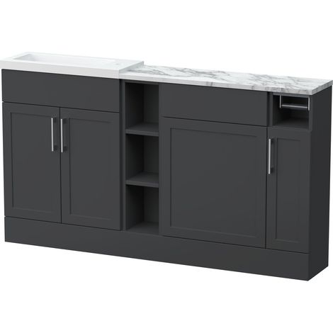 Pirehill Traditional Floor Standing Compact 3 Door Vanity Basin WC Combination Unit with Basin and Worktop, 1500mm, Dark Grey