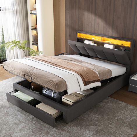 Lit rembourré 140x200 cm gris en lin avec LED, sommier à lattes en bois et rangement sous le lit (1/5)