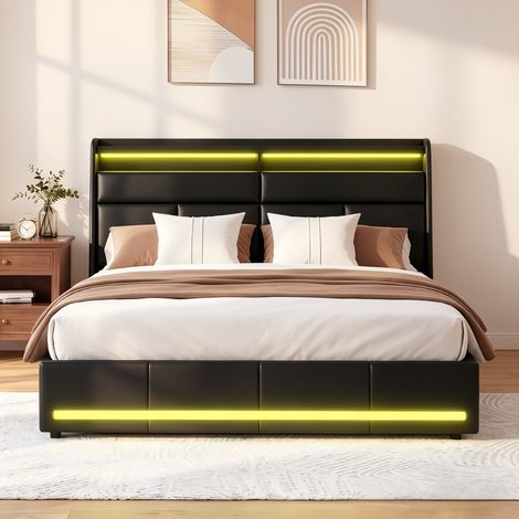 Lit coffre 160x200 cm avec éclairage LED – Tête de lit capitonné multifonction – Rangement hydraulique – Sommier à lattes en bois - PU - Blanc (1/5)