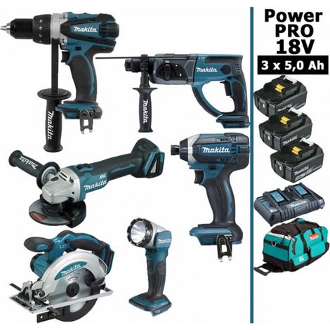 Makita – Pack de 6 outils électroportatifs 18V – Perceuse 91Nm, Perfo-burineur 2J, Meuleuse 125mm, Visseuse 165Nm, Scie circulaire 165mm, Lampe LED – 3 batteries 5Ah