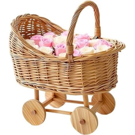 Irovami Panier rotin poussette – fait main, fleurs vintage, roues bois, 25 cm, déco mariage (1/5)