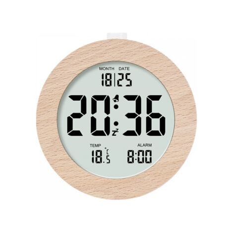 Runder digitaler Wecker aus Holz, Morgenwecker, LCD-Digitaluhr mit Datum, Temperatur, Schlummerfunktion, Hintergrundbeleuchtung, batteriebetriebene Digitaluhr (1/5)