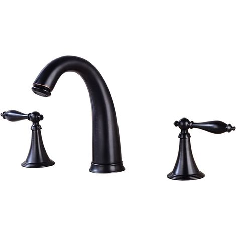 Robinet de lavabo, laiton, noir, 3 trous, pour salle de bain (1/5)