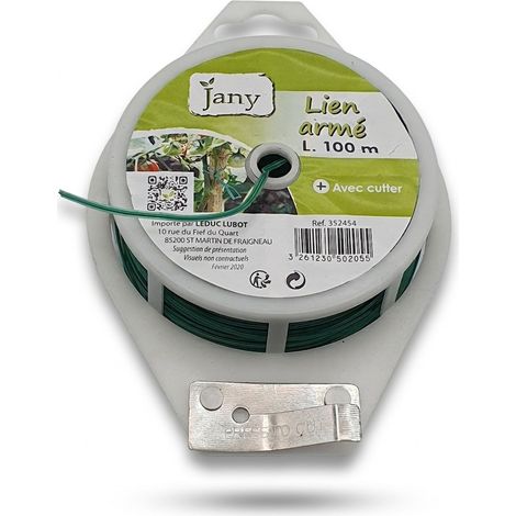 JANY - Lien armé de jardinage - 100 m - Fil de fer gainé plastique vert - Ref 352454 - EAN 3261230502055 - Avec cutter intégré et dévidoir - Voir photos pour détails (1/3)