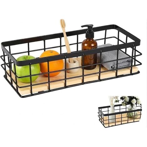 Paniers métalliques, paniers muraux pour la maison, paniers de rangement en métal pour la salle de bain, fond en bois, pour conserver les fruits, les collations et les aliments (1/5)