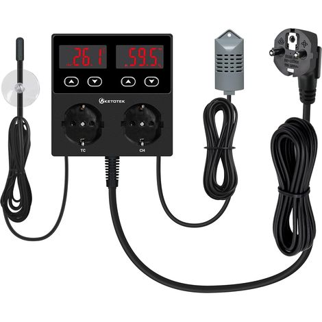 Prise Thermostat Hygrostat Numérique, Contrôleur de Température et d'humidité Prise Hygrostat avec Sonde, Régulateur Humidité Prise 220V pour Terrarium Reptile Couveuse Incubateur Serre (1/5)