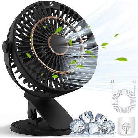 Ventilateur à pince rechargeable, mini ventilateur de bureau USB silencieux avec 5 vitesses et affichage LED - Ventilateur de table puissant et rotatif à 720° - Noir (1/5)