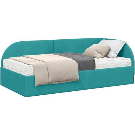 Cadre de lit d'angle avec matelas deux pièces en velours turquoise. (1/5)