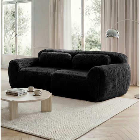 Sofá modular 2 plazas de tejido peluche negro, diseño sin estructura, listo para usar con cojines (1/5)