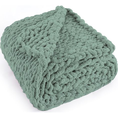 Couverture en Tricot épais 100% Fait Main avec Fil Chenille Doux, 2 kg – Grand nœud en Corde – pour canapé, lit, décoration d'intérieur, 127 x 152,4 cm – Vert Sauge (1/5)
