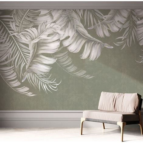 Selbstklebende Tapete modern Wohnzimmer - Wanddeko Schlafzimmer - Tapete mit Motiv Zarte Blätter 312x219 cm (1/5)