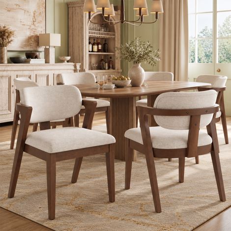 Lot de 6 chaises de salle à manger 56x57.5x79cm, assise confortable et respirante, style moderne, bois massif et tissu lin, noyer et beige avoine (1/5)