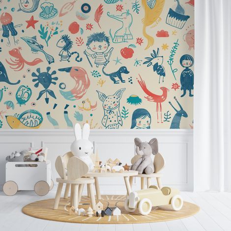 Papier Peint Enfant – Mosaïque Fantaisie de Créatures Colorées - 150 x 250 cm (1/2)