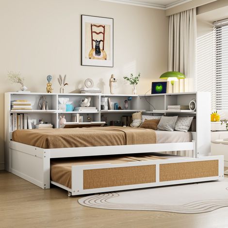 MEUBLIV Cama 140x200 cm blanca con cama nido, almacenamiento y USB, sin colchón (1/5)