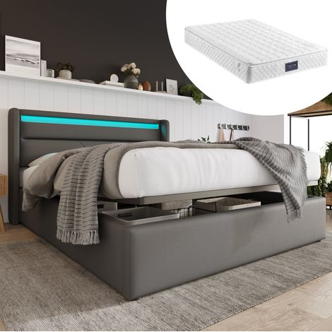 DESVIAE Lit coffre hydraulique rembourré avec éclairage LED sommier relevable et tête de lit en PU gris couchage 140 x 200 cm rangement sous lit télécommande inclus compatible matelas 140 x 200 cm (1/4)