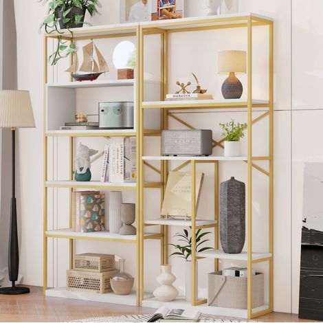 MEUBLIV Bibliothèque 160 x 29,5 x 180 cm blanc et or – structure métal/MDF, multi-niveaux (1/5)