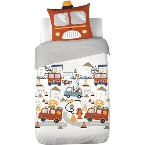 Parure de lit Pompier Enfant – Housse de Couette 140x200 cm + 1 Taie d’Oreiller 63x63 cm Gyrophare Matelassé – Microfibre
