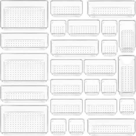 Ensemble de 25 organisateurs de tiroirs en plastique transparent, 4 tailles, plateaux organisateurs de tiroirs multifonctionnels pour salle de bain, adaptés au rangement de cosmétiques. (1/5)