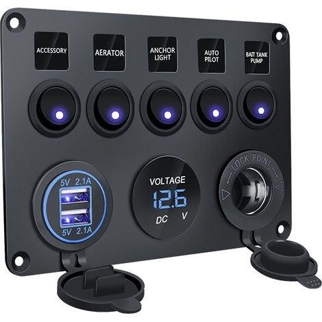 Lntyq 12-V-Marine-Schalttafel, 4,2-A-USB-Ladeanschluss + Zigarettenanzünderbuchse + Voltmeteranzeige, IP65 wasserdichte Wippschalter für die Schaltkreissteuerung von Autos, Booten und Fahrzeugen (1/5)