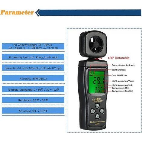Ce mini anémomètre numérique est doté d'un écran LCD rétroéclairé et d'un capteur intelligent, mesurant la vitesse du vent et la température pour une utilisation en extérieur. (1/5)