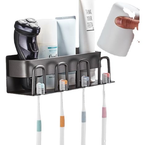 BEBUSINGOTO Soporte para cepillo de dientes de aluminio gris espacial sin perforaciones, soporte para cepillo de dientes eléctrico de pared, almacenamiento de pasta de dientes, estante para baño, 4 re (1/5)