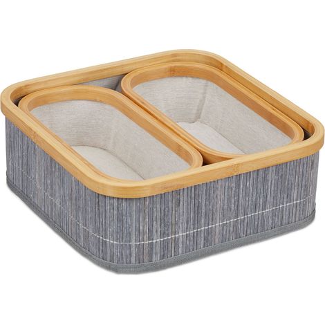 Set di 3 cestini portaoggetti impilabili da bagno design decorativo 35 x 25 x 25 cm in bambù grigio 130011702