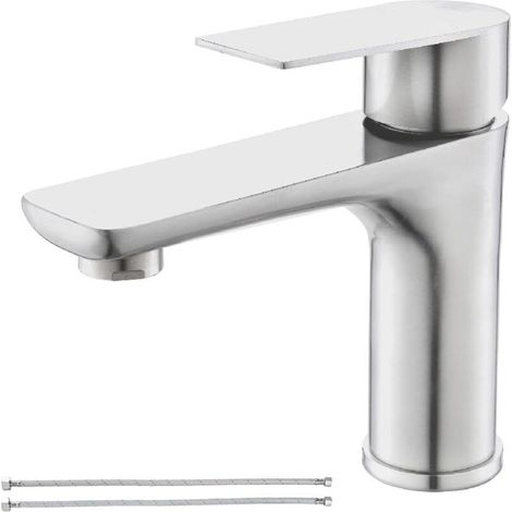 AMXCNOY Einloch-Waschtischarmatur, gebürsteter Nickel-Edelstahl, Waschbeckenarmatur mit Zuleitung (1/4)