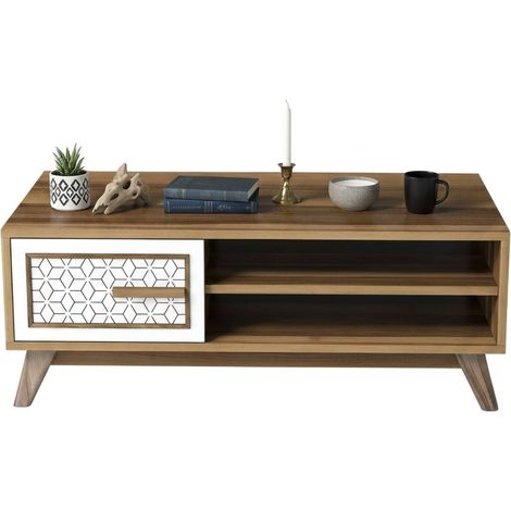 Dmora - Tavolino da salotto Thimphu, Tavolo basso da caffè, Portariviste per divano, Ripiano da soggiorno, 105x60h38 cm, Noce e Bianco