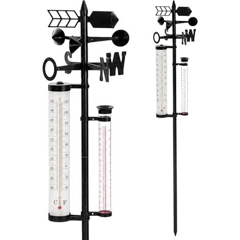 Garden Weather Station 150 cm Outdoor Weather Bar with Thermometer, Rain Gauge and Wind Direction Indicator Made of Iron Polypropylene (1/5)