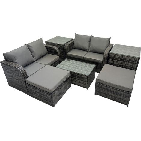 Fimous Outdoor Love Sofa Coffee Table Set Garden Rattan Furniture Set 6 Seater with 2 Side Tables 2 Big Stools Dark Grey (1/5)
