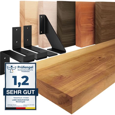 LAMO Manufaktur étagère murale en bois massif, bord régulier, étagère de rangement Vintage, bois rustique / équerre noire 50cm, LWG-01-A-003-50VS