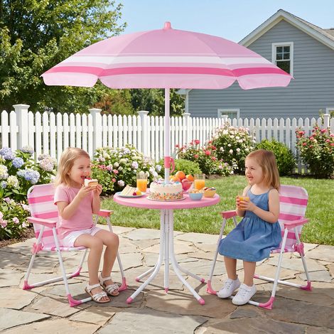 Ensemble de jardin rouge 4 pièces pour enfants avec table, 2 chaises pliantes et parasol amovible réglable pour parc et plage (1/5)
