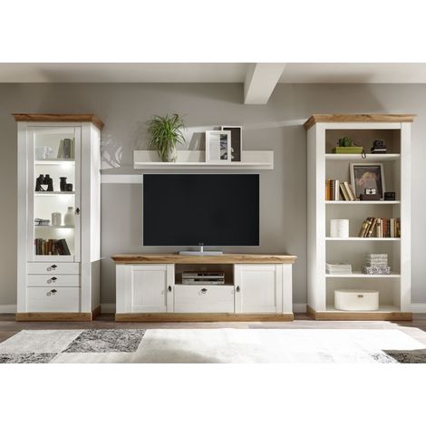 Landhaus Wohnwand-Set LINARES-61 in Pinie weiß / Wotan Eiche Nb. mit Bücher-Regal - B/H/T ca.: 397/204/52 cm (1/5)